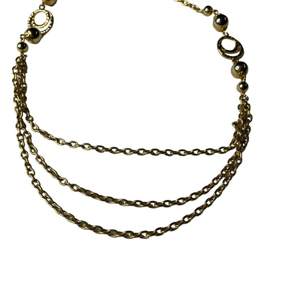 Vintage Gold Tone Multi Strand Chain Necklace Beads Circular Accents 1980s u Sta - Picture 2 of 6